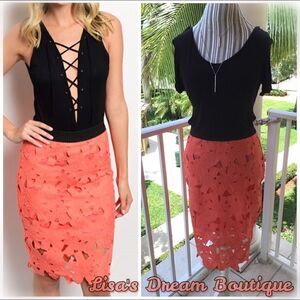 Final Sale | Coral and Black Floral Laser Cut Lined Pencil Skirt